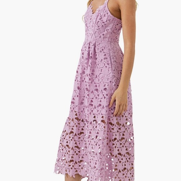 Lace Spaghetti Strap V-Neck Midi Dress Purple, Floral Crochet Overlay, Medium - Picture 2 of 9